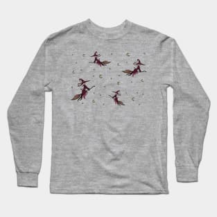 Flying witch on a broomstick with crescent moons and stars autumn halloween spooky pattern Long Sleeve T-Shirt